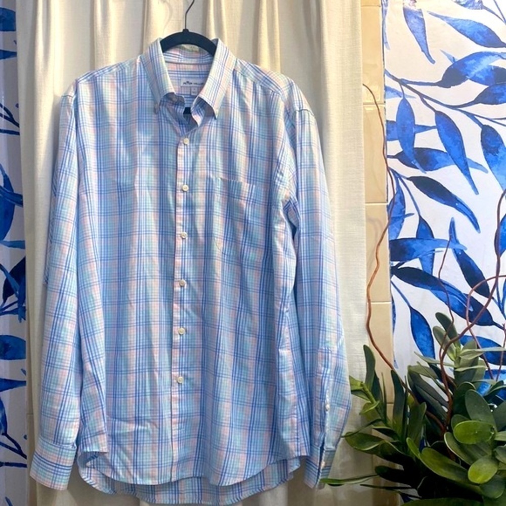 Men’s Peter Millar Blue & Pink Plaid Long Sleeve Cotton & Silk Buttondown Size L